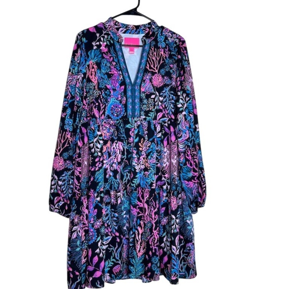 Lilly Pulitzer Arella Swing Dress Womens M Black Coral Reef Print V-Neck - Picture 4 of 12